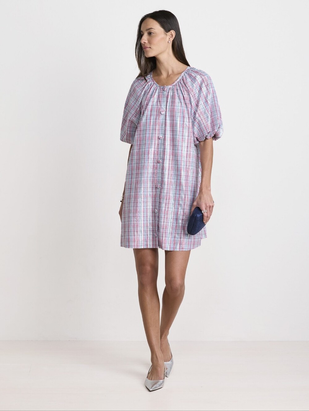 Vineyard Vines Bexley Button-Front Dress in Metalic Plaid Silver